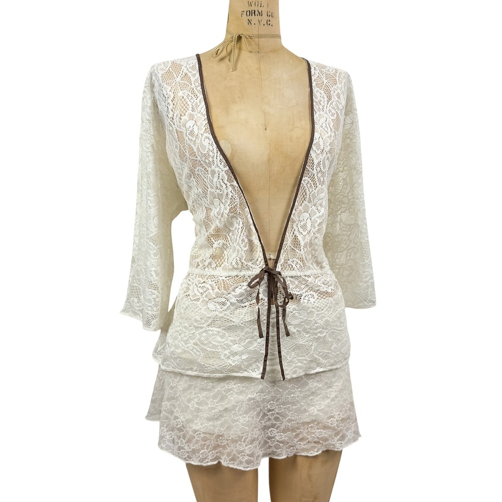 Fairy Floral Sheer Lace Tie Front Cardigan Coquette Ethereal Dainty Size L
